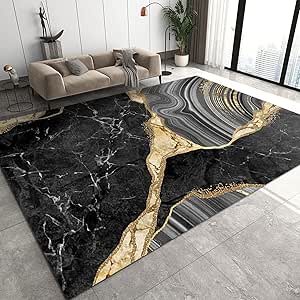 Tapis abstrait noir et doré – Moderne & lavable– Antidérapant et confortable