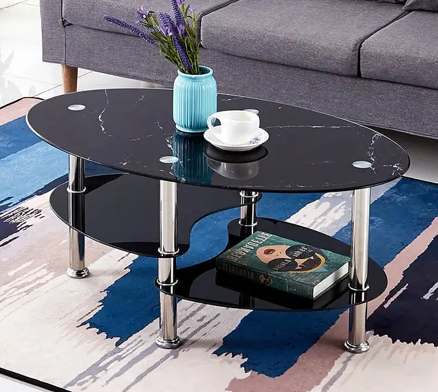 Table Basse Effet Marbre Noir – Verre & Chrome