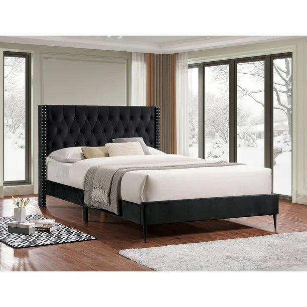 Lit Plateforme Luxe en Velours Noir – Double / Queen