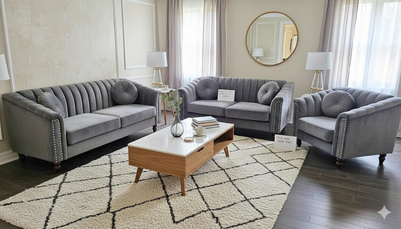 Canapé 3 pièces en velours gris – Élégance contemporaine