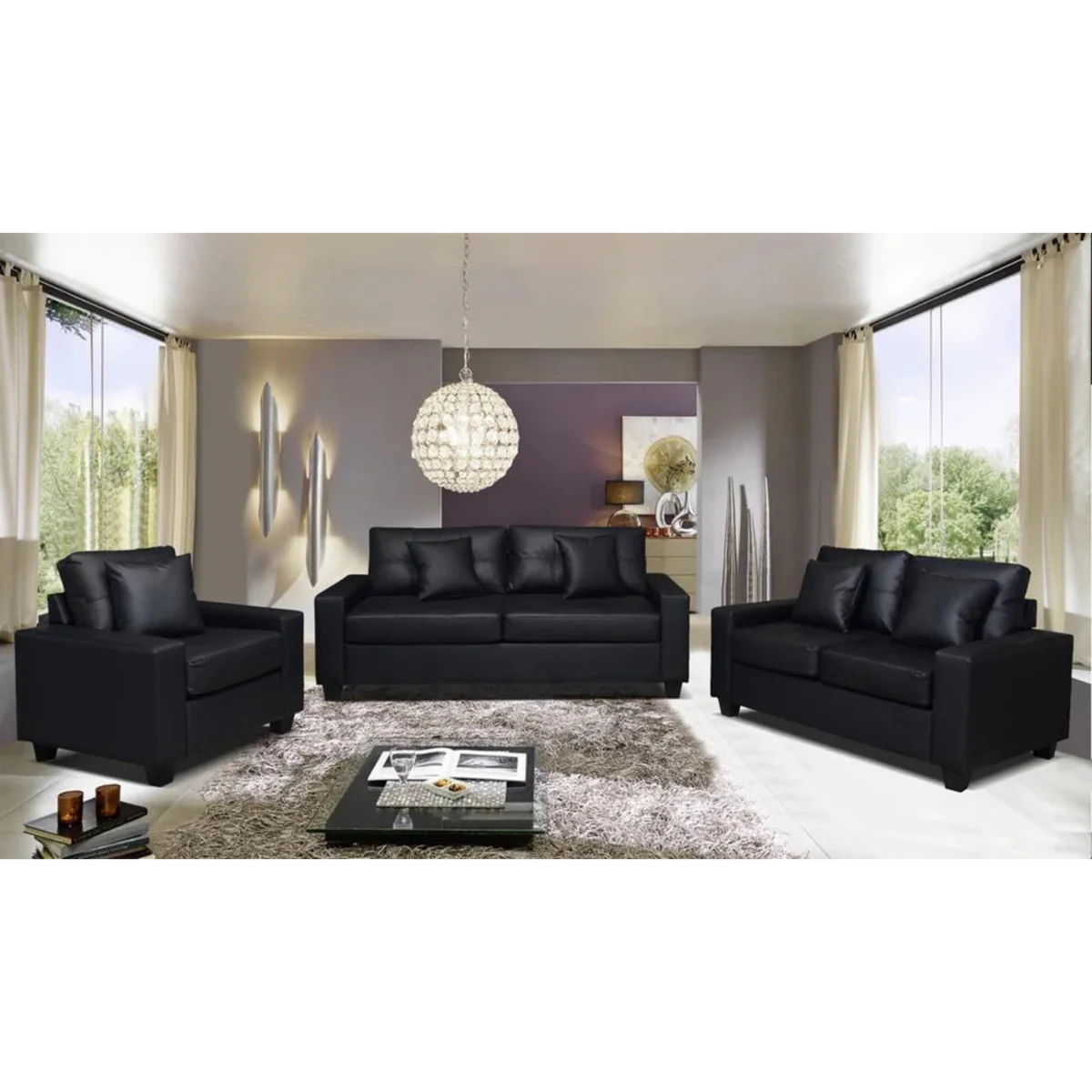 Ensemble de Salon Whitney – 3 Pièces – Simili Cuir Noir