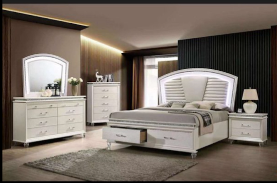 Ensemble de Chambre à Coucher Moderne avec Tête de Lit LED et Rangement