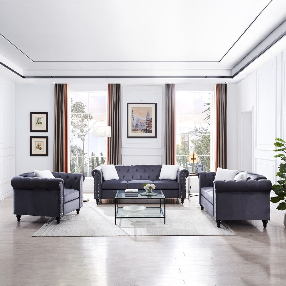 Canapé 3 pièces pour salon en lin avec détails capitonnés et clous décoratifs – 82,5 po