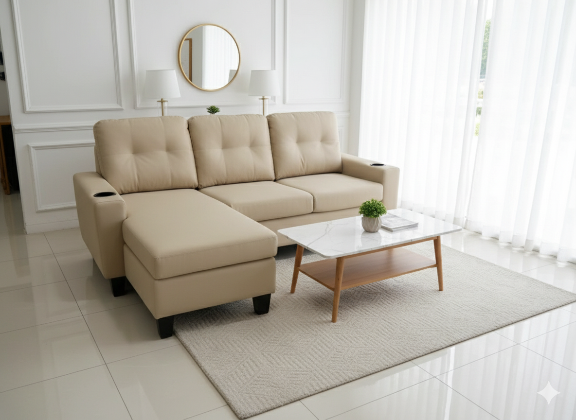 Sectionnel en cuir PU anti-égratignures avec chaise réversible et porte-gobelets – Beige crème – 73" x 50" x 32,5"