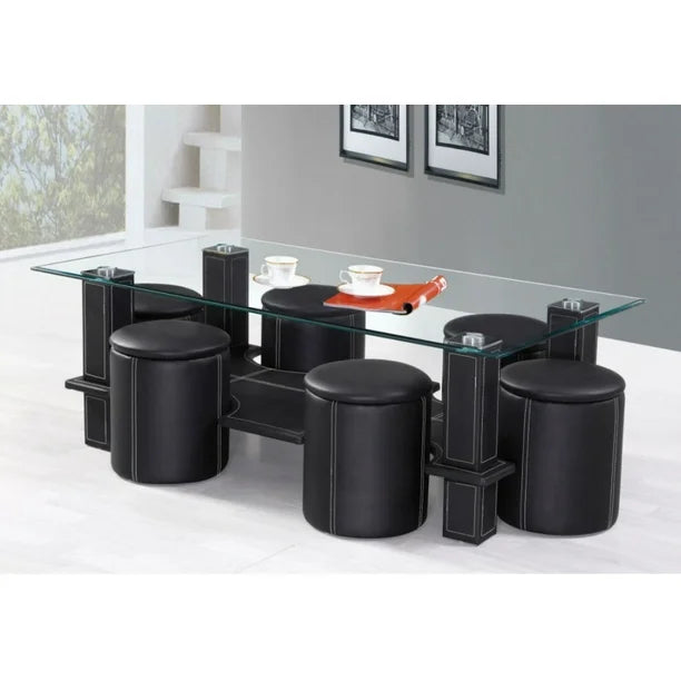 Ensemble Table Basse avec 6 Tabourets – Verre Noir