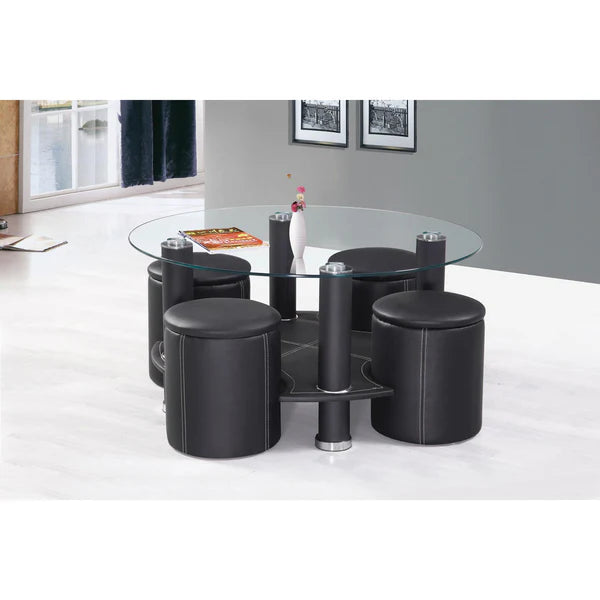 Table Basse Ronde avec 4 Tabourets – Verre & Noir Moderne