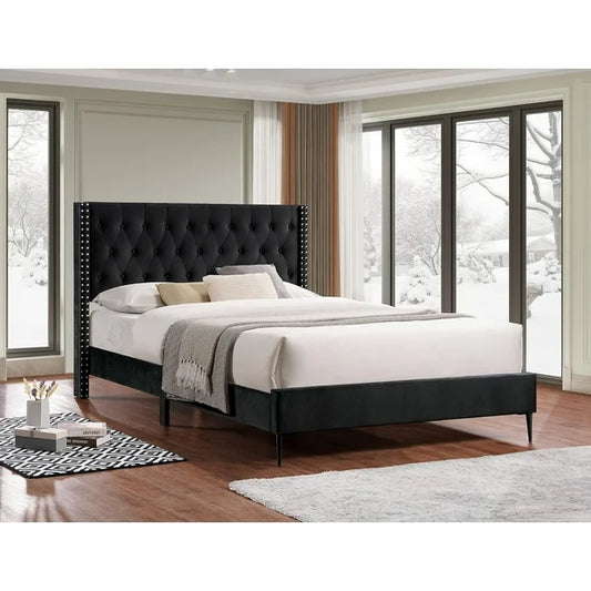 Lit Plateforme Luxe en Velours Noir – Double / Queen