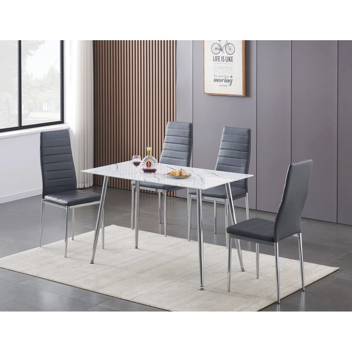 Salle à Manger 4 mcx – Table Effet Marbre & Chaises Noires