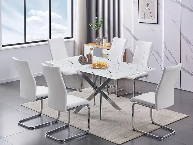 Salle à Manger 7 mcx – Verre Effet Marbre Blanc & Chaises Blanches