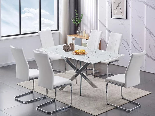 Salle à Manger 7 mcx – Verre Effet Marbre Blanc & Chaises Blanches