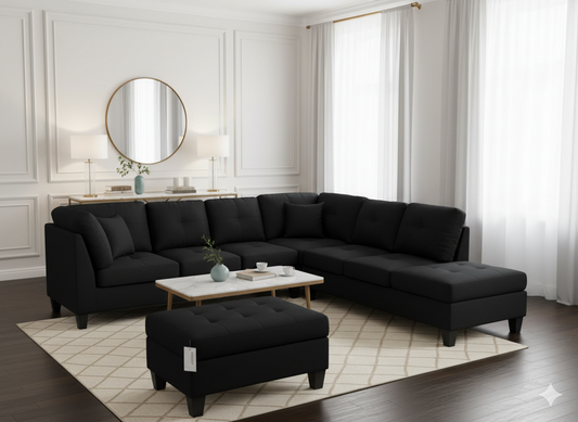 Gregory – Sectionnel 4 pièces en tissu noir avec ottoman de rangement – 78" x 108" x 32"