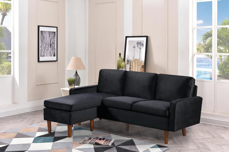 Canapé sectionnel Kail en velours noir avec chaise réversible – 76 po