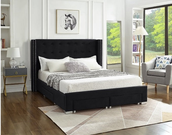 Lit plateforme 4 tiroirs – Velours gris (Queen/King)