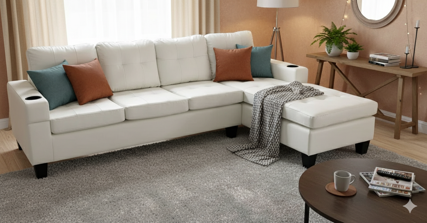 Sectionnel en cuir anti-égratignures avec chaise réversible et porte-gobelets – Blanc – 93" x 55" x 34"