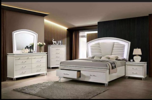 Ensemble de Chambre à Coucher Moderne avec Tête de Lit LED et Rangement