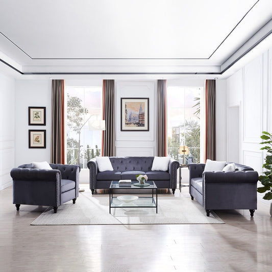 Canapé 3 pièces pour salon en lin avec détails capitonnés et clous décoratifs – 82,5 po