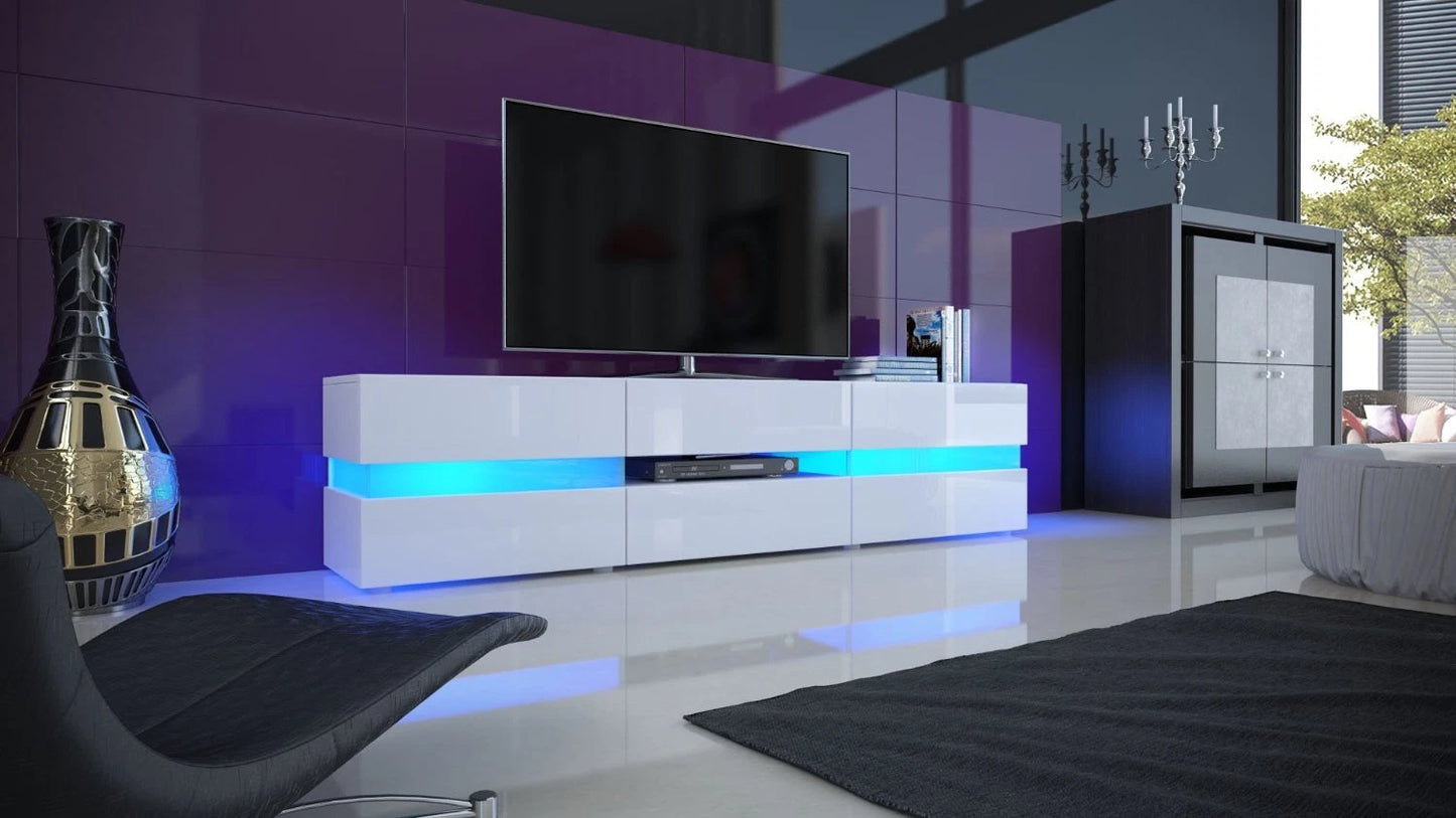 Meuble TV “Flow” – Finition haute brillance, LED & 4 espaces fermés (Noir/Blanc)