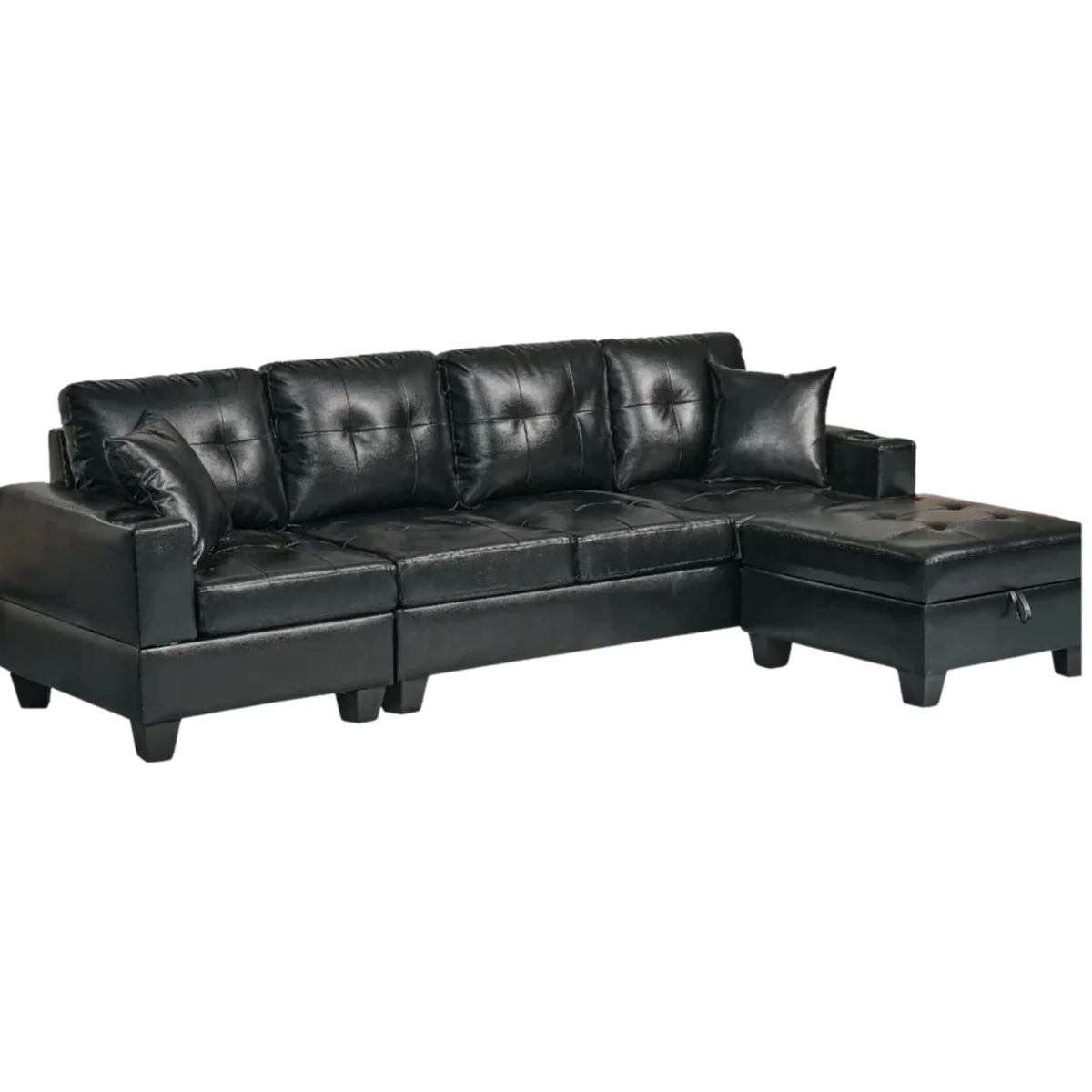 Canapé sectionnel Queens en cuir synthétique noir avec chaise réversible et rangement – 100 po