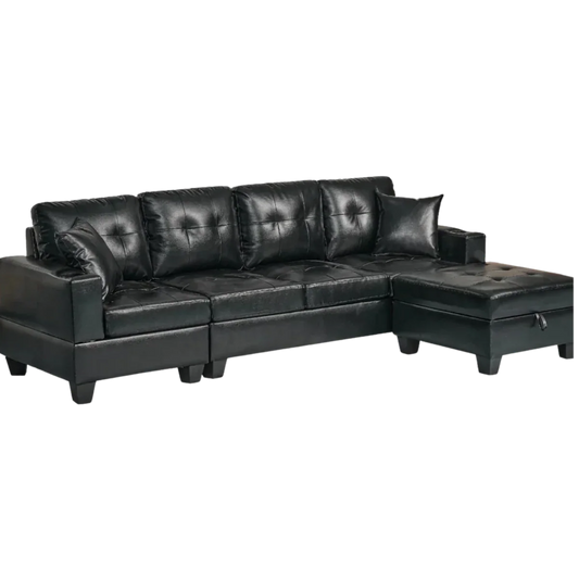 Canapé sectionnel Queens en cuir synthétique noir avec chaise réversible et rangement – 100 po
