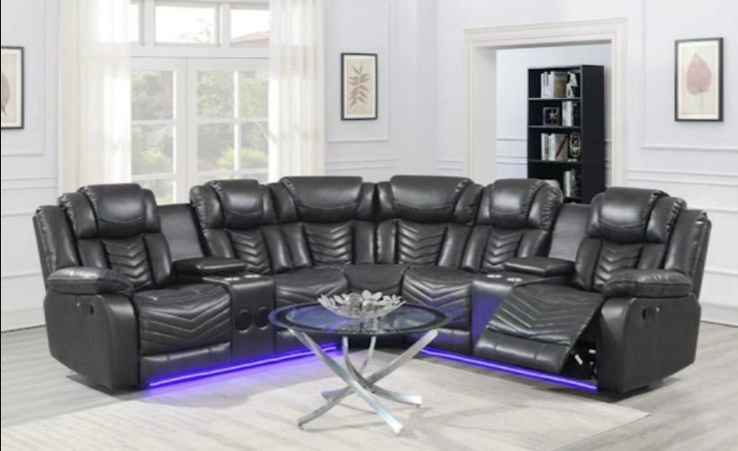 Sectionnel Inclinable Rick Power – Air Leather – Noir / Gris Foncé / Beige