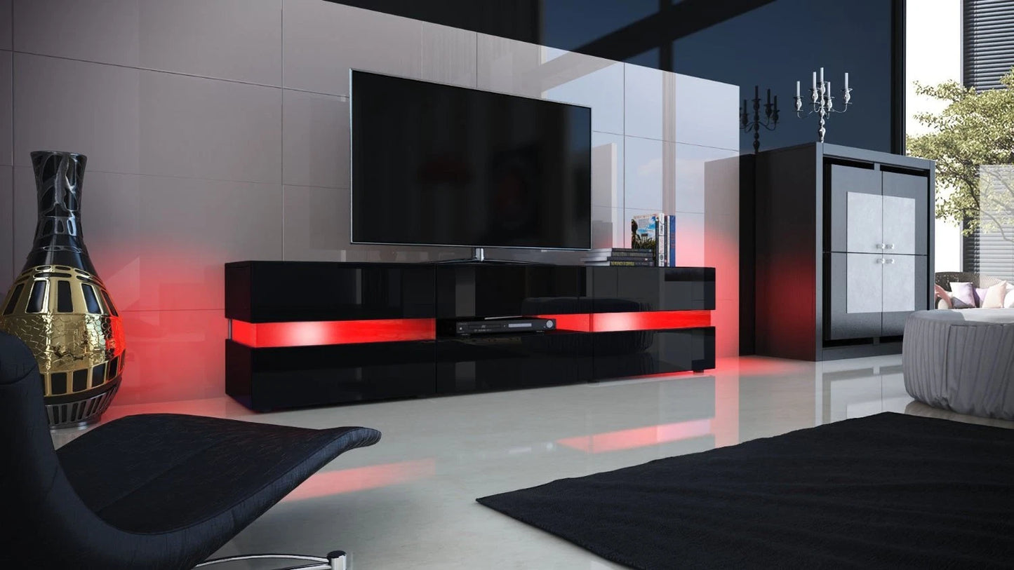Meuble TV “Flow” – Finition haute brillance, LED & 4 espaces fermés (Noir/Blanc)