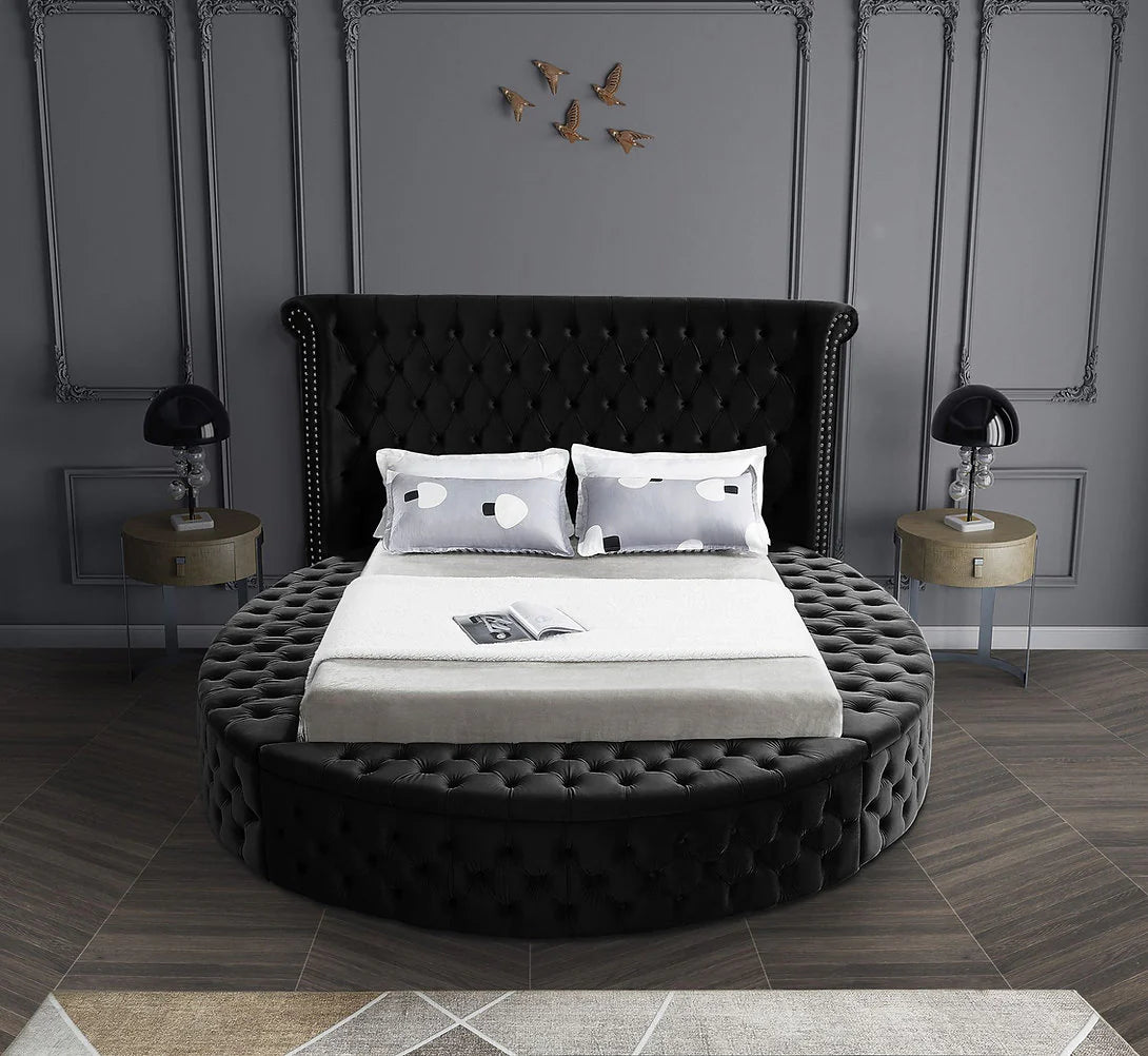 Lit Luxus – Velours noir rond avec rangement (Queen/King)