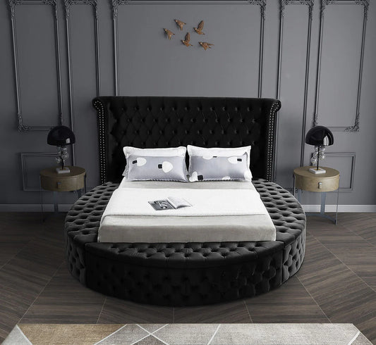 Lit Luxus – Velours noir rond avec rangement (Queen/King)