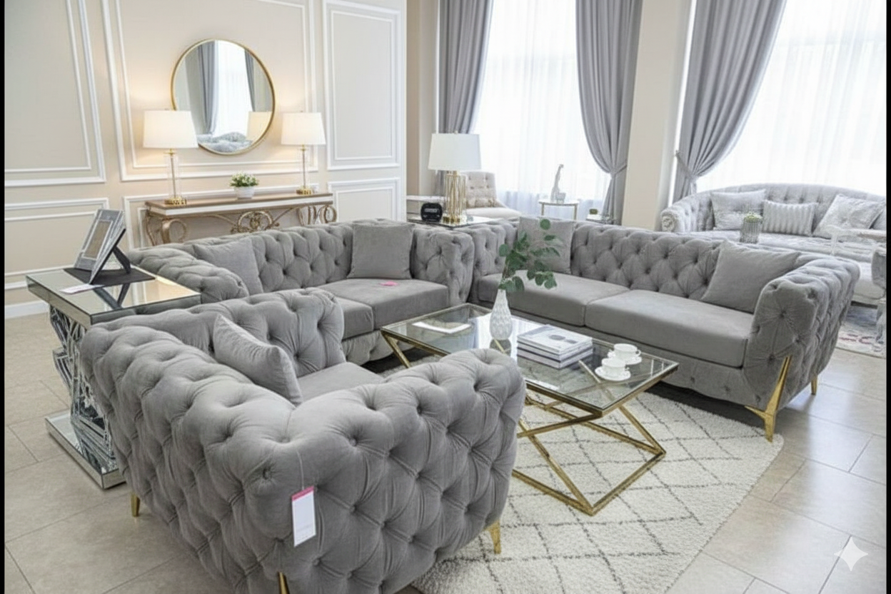 Ensemble 3 pièces en velours capitonné – Gris élégant